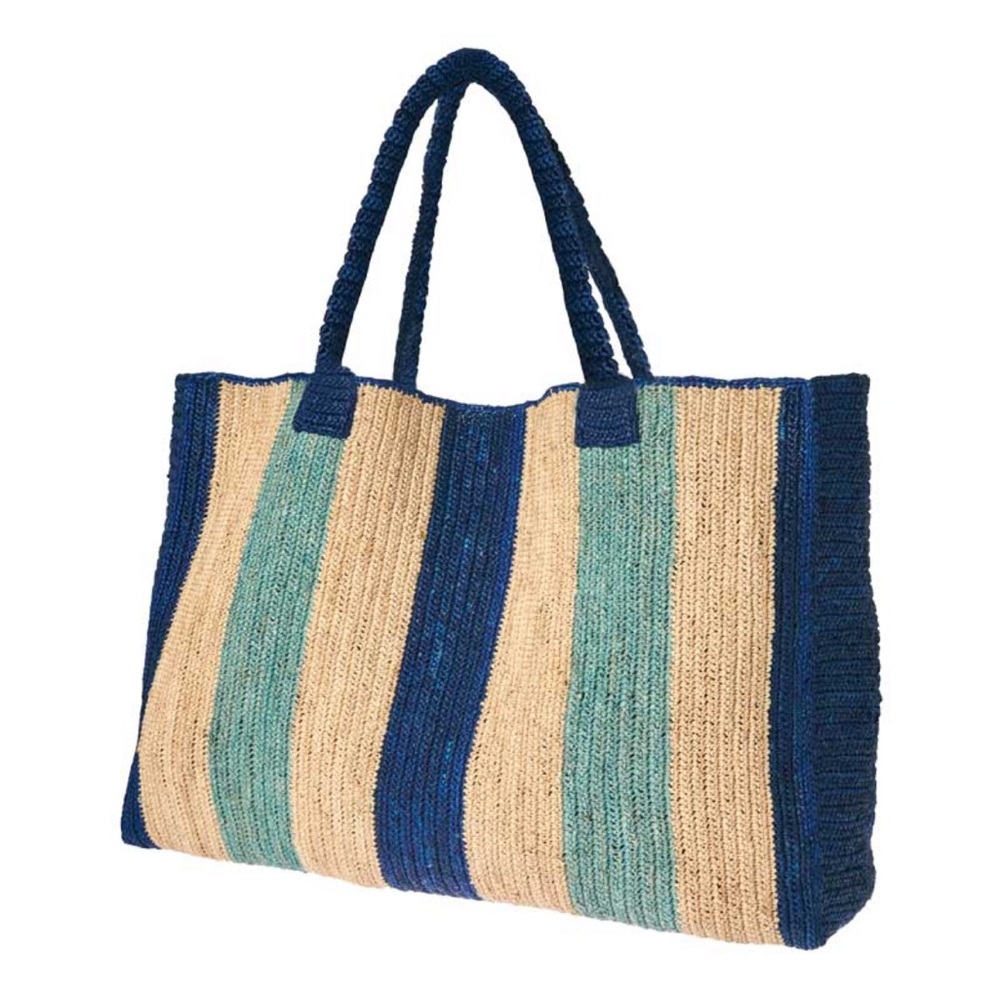 Striped Blue & Natural Woven Shoulder Tote